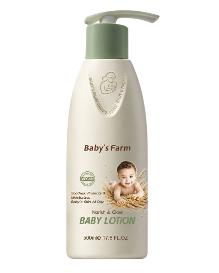 Baby's Farm Nourish and Glow vegan baby lotion 500ml pump bottle with wheat and smiling baby